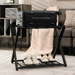 2 x Estante Plegable para Maletero Soporte de Metal para Maletas Hasta 60kg con 4 Correas Estables y Diseño de 2 Pisos para Hogar Hotel Negro