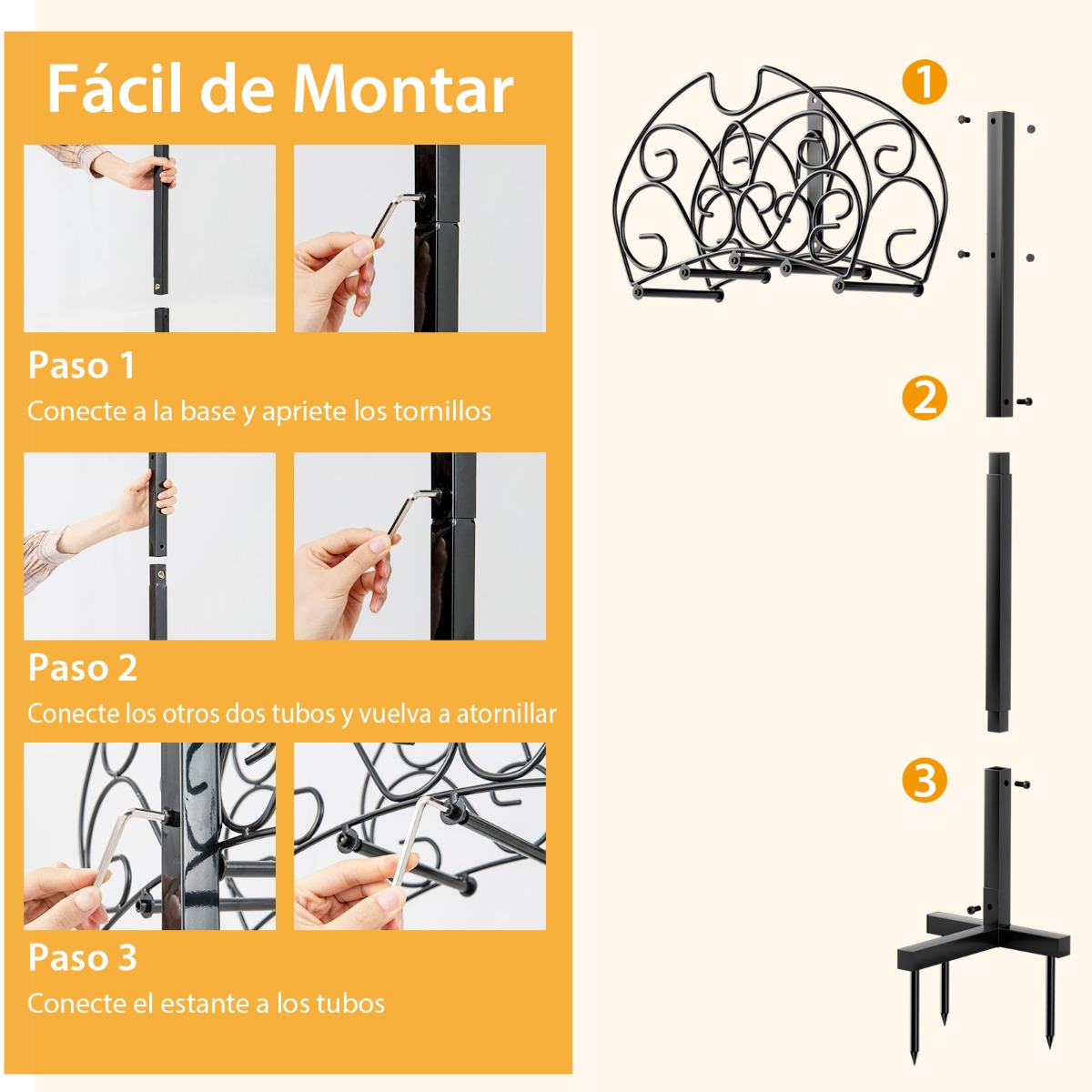 Soporte para Manguera Independiente de Metal Desmontable con 3 Puntos de Anclaje Organizador de Mangueras Jardín Patio Césped Negro