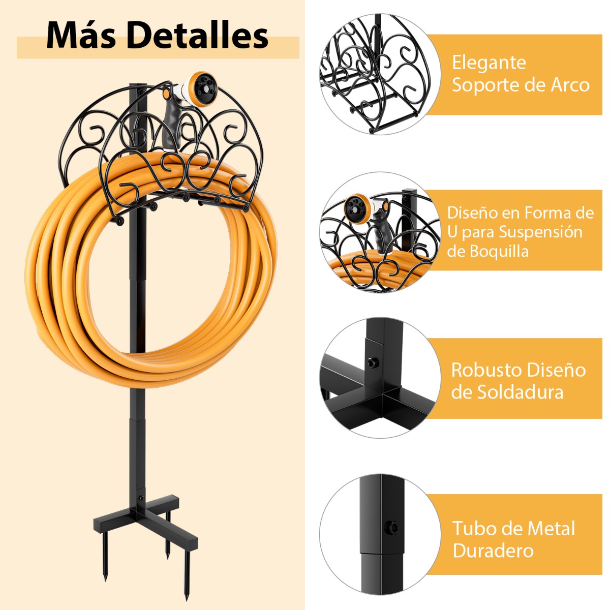 Soporte para Manguera Independiente de Metal Desmontable con 3 Puntos de Anclaje Organizador de Mangueras Jardín Patio Césped Negro