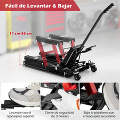 Elevador Hidráulico para Motocicletas Carga Máxima de 680 kg Plataforma Ajustable en Altura Soporte de Elevación de Pie para ATV UTV Rojo