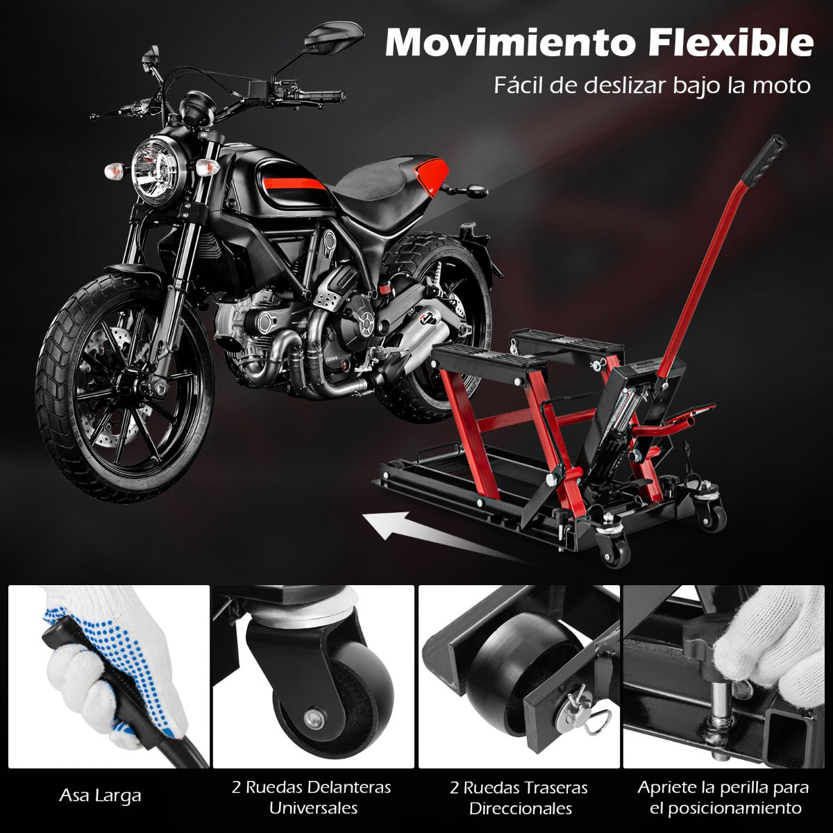 Elevador Hidráulico para Motocicletas Carga Máxima de 680 kg Plataforma Ajustable en Altura Soporte de Elevación de Pie para ATV UTV Rojo