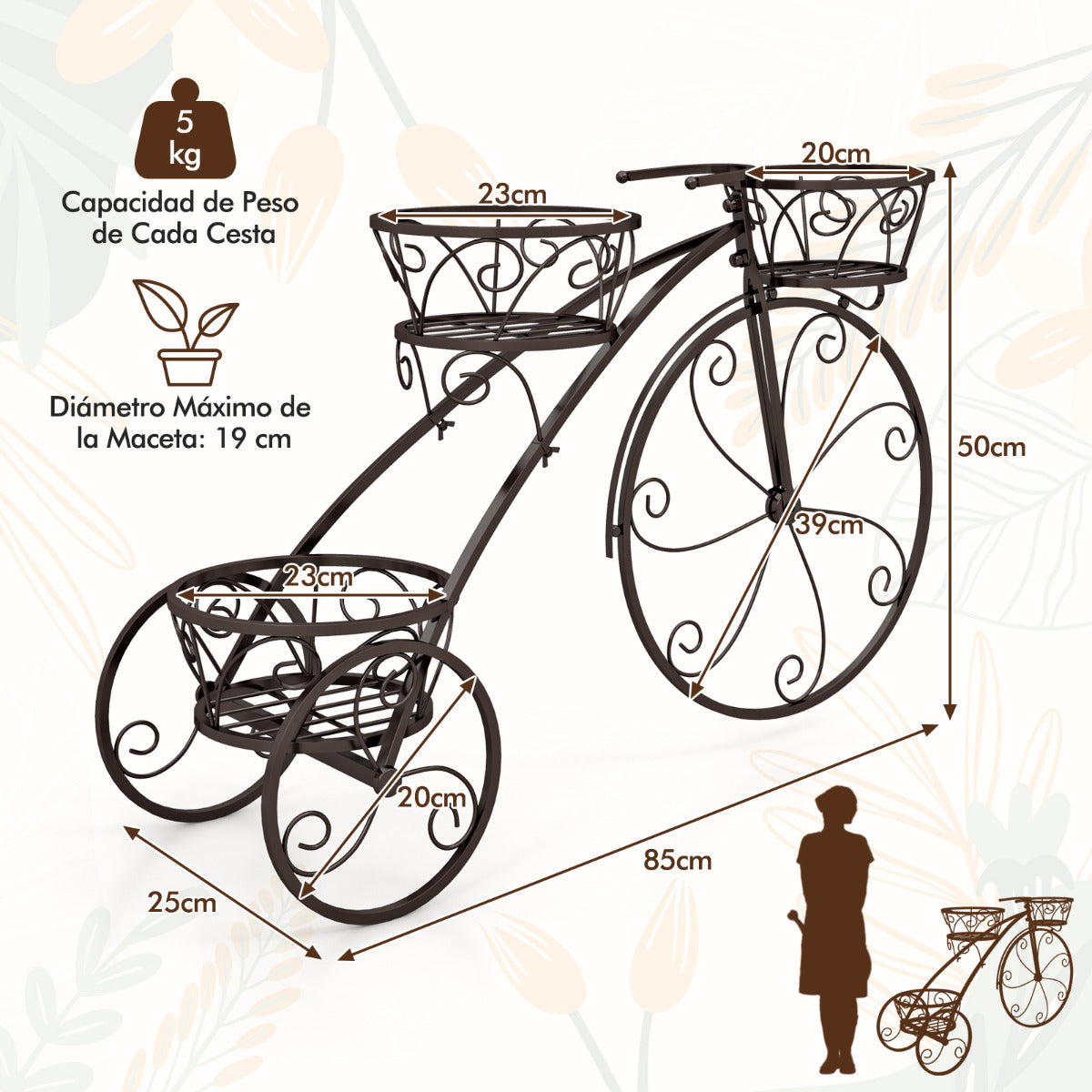 Soporte para Plantas en Forma de Triciclo Soporte para Macetas con 3 Cestas Huecas y Ruedas Aspecto Parisino para Patio Jardín Bronce