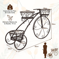 Soporte para Plantas en Forma de Triciclo Soporte para Macetas con 3 Cestas Huecas y Ruedas Aspecto Parisino para Patio Jardín Bronce