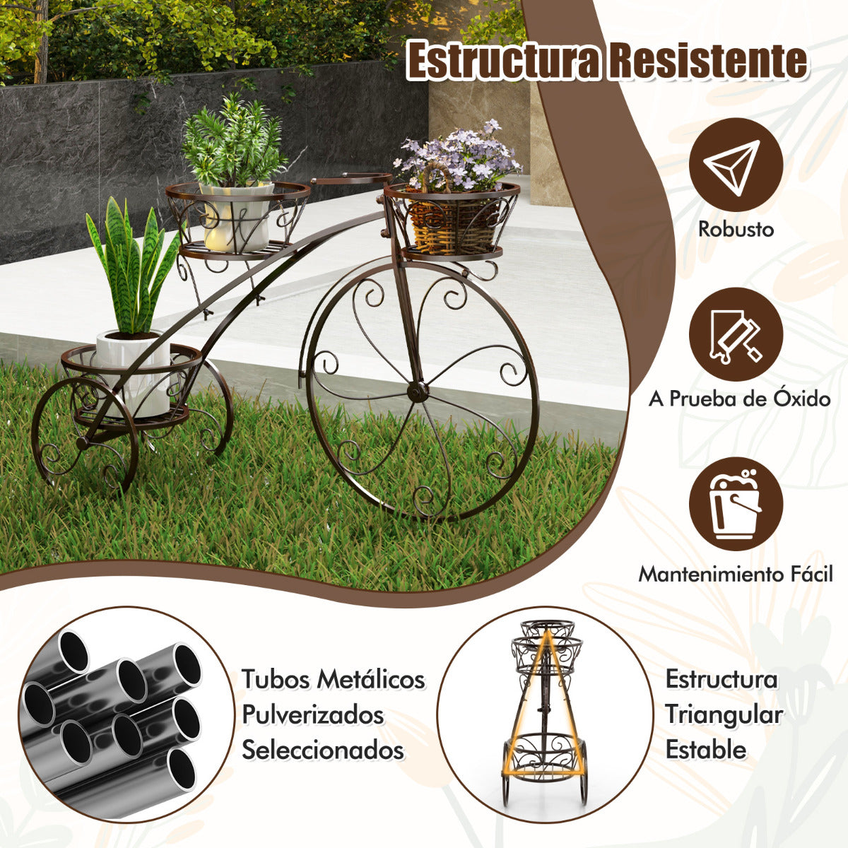 Soporte para Plantas en Forma de Triciclo Soporte para Macetas con 3 Cestas Huecas y Ruedas Aspecto Parisino para Patio Jardín Bronce