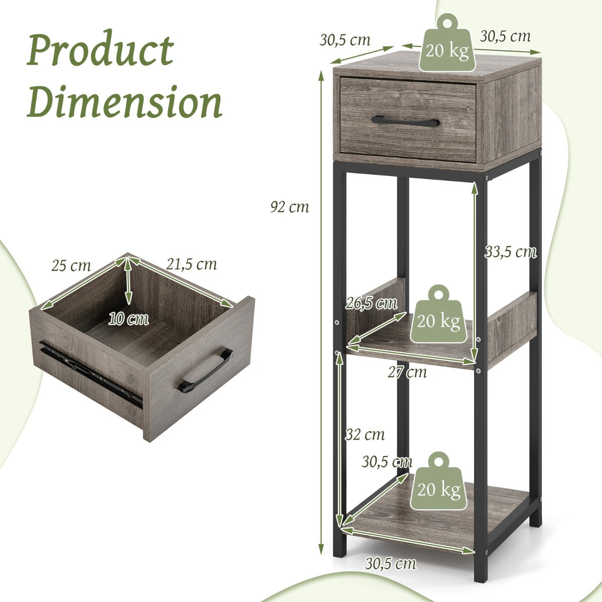 Soporte para Plantas Alto de 3 Niveles Mesa de Metal para Plantas con Cajón Antivuelco Estante de Exhibición de Esquina Vertical Gris