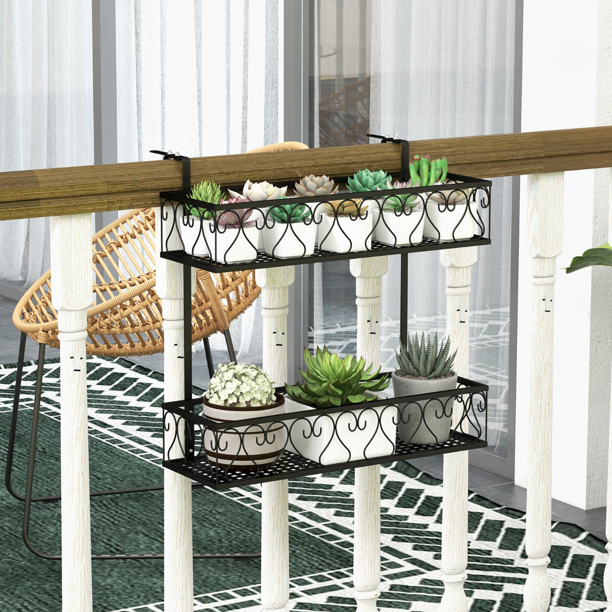 Soporte para Plantas del Metal 2 Niveles Estante Colgante para Flores con Ganchos Ajustables de 5,5-12,5cm Carga 30kg 60 x 33 x 59 cm Negro