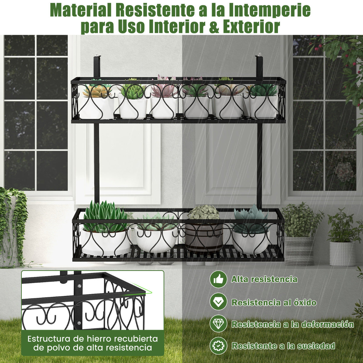 Soporte para Plantas del Metal 2 Niveles Estante Colgante para Flores con Ganchos Ajustables de 5,5-12,5cm Carga 30kg 60 x 33 x 59 cm Negro