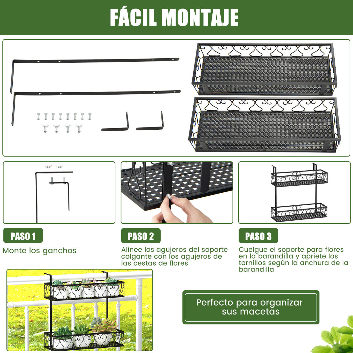 Soporte para Plantas del Metal 2 Niveles Estante Colgante para Flores con Ganchos Ajustables de 5,5-12,5cm Carga 30kg 60 x 33 x 59 cm Negro