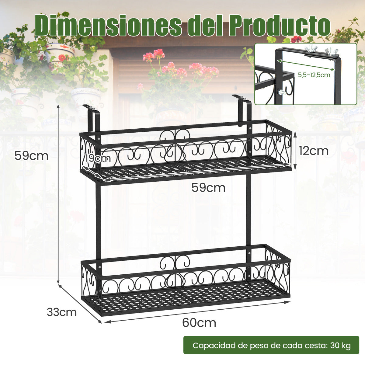 Soporte para Plantas del Metal 2 Niveles Estante Colgante para Flores con Ganchos Ajustables de 5,5-12,5cm Carga 30kg 60 x 33 x 59 cm Negro