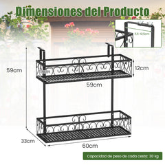 Soporte para Plantas del Metal 2 Niveles Estante Colgante para Flores con Ganchos Ajustables de 5,5-12,5cm Carga 30kg 60 x 33 x 59 cm Negro