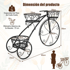 Soporte para Plantas en Forma de Triciclo Soporte para Macetas con 3 Cestas Huecas y Ruedas Aspecto Parisino para Patio Jardín Negro