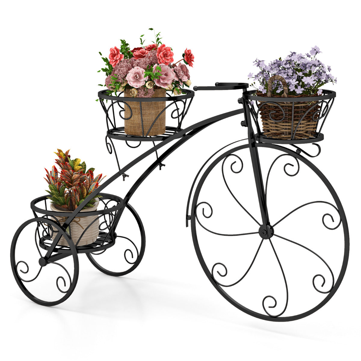 Soporte para Plantas en Forma de Triciclo Soporte para Macetas con 3 Cestas Huecas y Ruedas Aspecto Parisino para Patio Jardín Negro