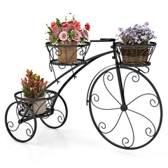 Soporte para Plantas en Forma de Triciclo Soporte para Macetas con 3 Cestas Huecas y Ruedas Aspecto Parisino para Patio Jardín Negro