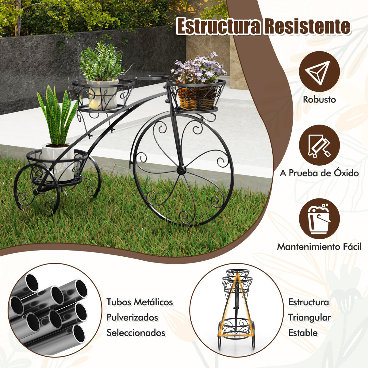 Soporte para Plantas en Forma de Triciclo Soporte para Macetas con 3 Cestas Huecas y Ruedas Aspecto Parisino para Patio Jardín Negro