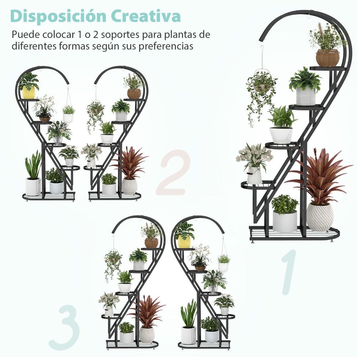 Juego de 2 Soportes Para Plantas de Metal de 5 Niveles Con Escalera en Forma de Corazón y Gancho para Colgar 71 x 30,5 x 148 cm -Negro