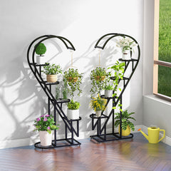 Juego de 2 Soportes Para Plantas de Metal de 5 Niveles Con Escalera en Forma de Corazón y Gancho para Colgar 71 x 30,5 x 148 cm -Negro