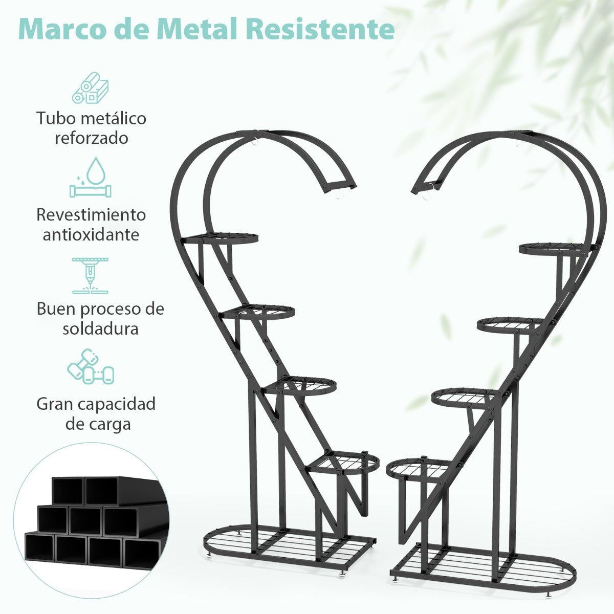 Juego de 2 Soportes Para Plantas de Metal de 5 Niveles Con Escalera en Forma de Corazón y Gancho para Colgar 71 x 30,5 x 148 cm -Negro