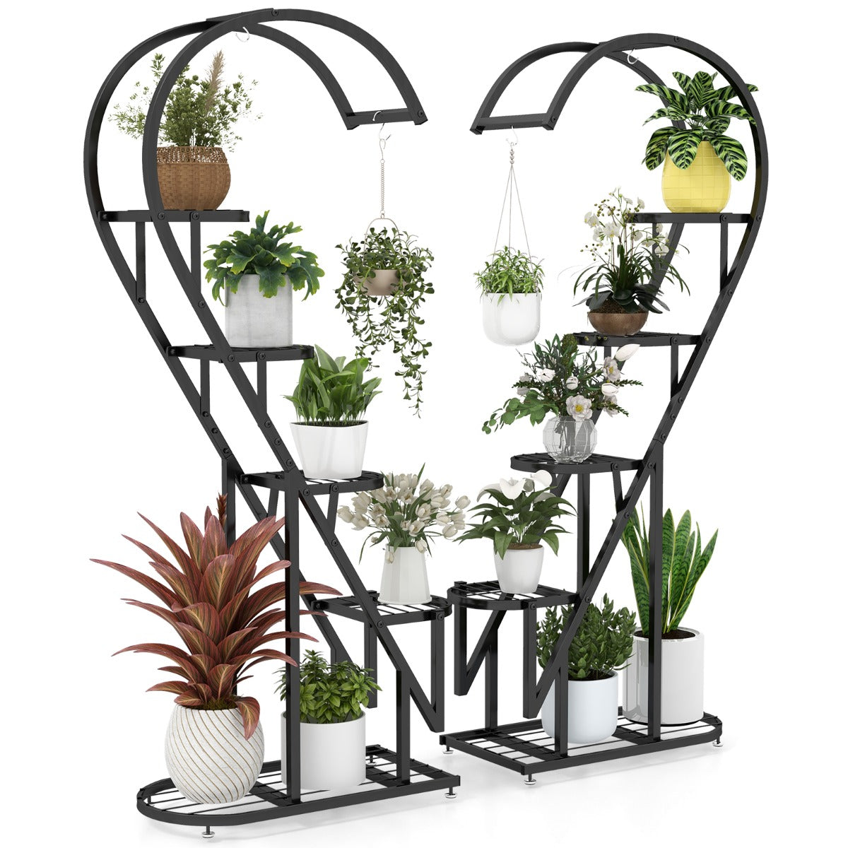 Juego de 2 Soportes Para Plantas de Metal de 5 Niveles Con Escalera en Forma de Corazón y Gancho para Colgar 71 x 30,5 x 148 cm -Negro