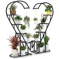 Juego de 2 Soportes Para Plantas de Metal de 5 Niveles Con Escalera en Forma de Corazón y Gancho para Colgar 71 x 30,5 x 148 cm -Negro