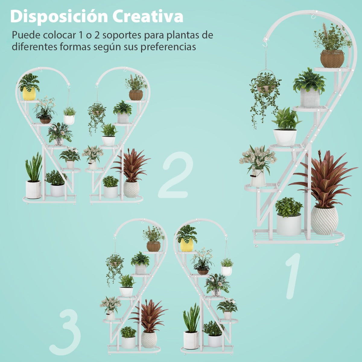 Juego de 2 Soportes Para Plantas de Metal de 5 Niveles Con Escalera en Forma de Corazón y Gancho para Colgar 71 x 30,5 x 148 cm -Blanco