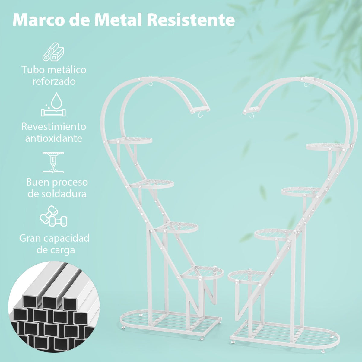 Juego de 2 Soportes Para Plantas de Metal de 5 Niveles Con Escalera en Forma de Corazón y Gancho para Colgar 71 x 30,5 x 148 cm -Blanco
