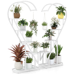 Juego de 2 Soportes Para Plantas de Metal de 5 Niveles Con Escalera en Forma de Corazón y Gancho para Colgar 71 x 30,5 x 148 cm -Blanco