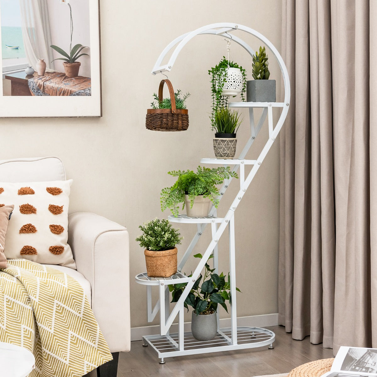 Juego de 2 Soportes Para Plantas de Metal de 5 Niveles Con Escalera en Forma de Corazón y Gancho para Colgar 71 x 30,5 x 148 cm -Blanco