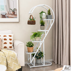 Juego de 2 Soportes Para Plantas de Metal de 5 Niveles Con Escalera en Forma de Corazón y Gancho para Colgar 71 x 30,5 x 148 cm -Blanco