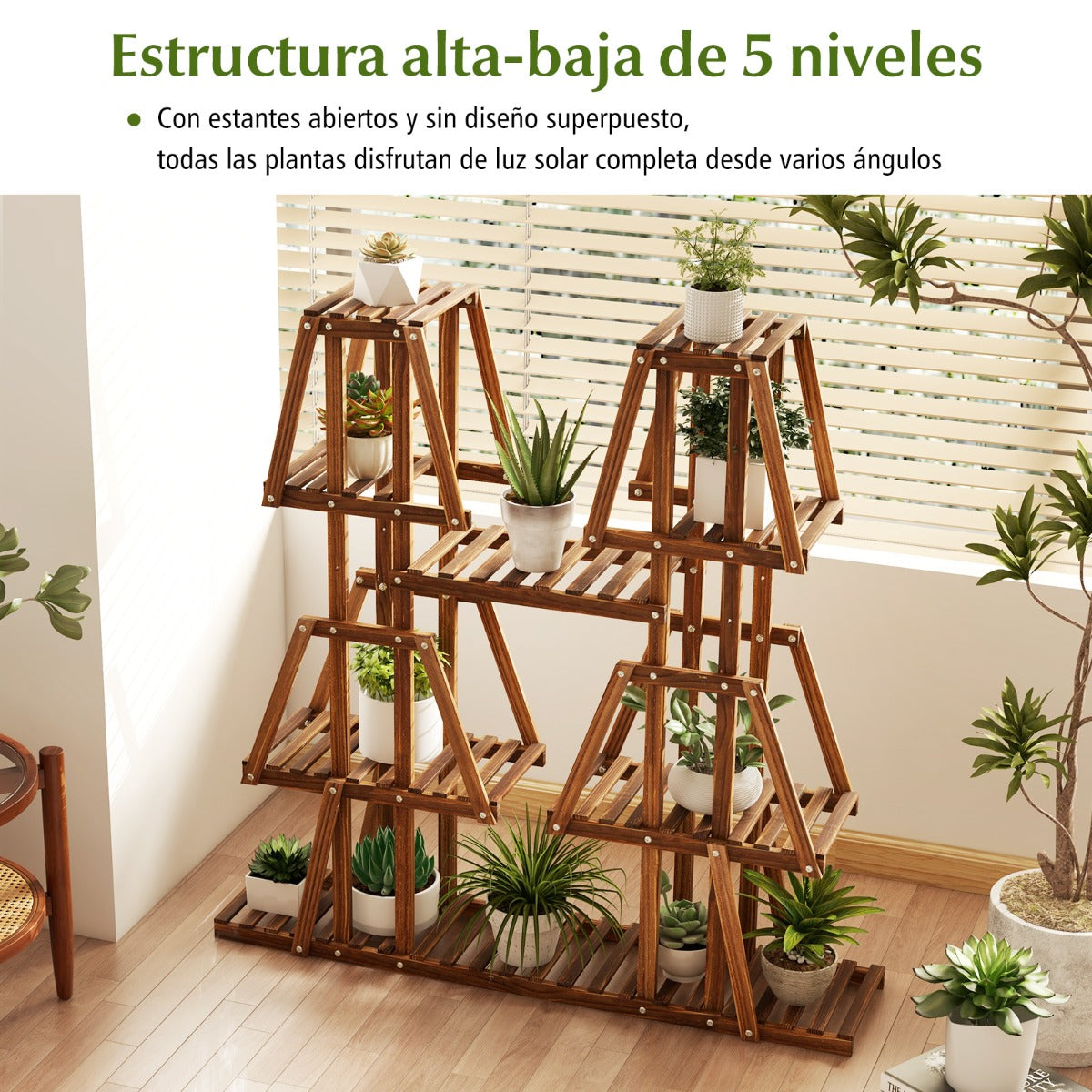 Estantería de Madera de 5 Niveles para Múltiples Flores Soporte para Plantas Decorativa de Escalera para Jardín Exterior 113 x 27 x 114 cm