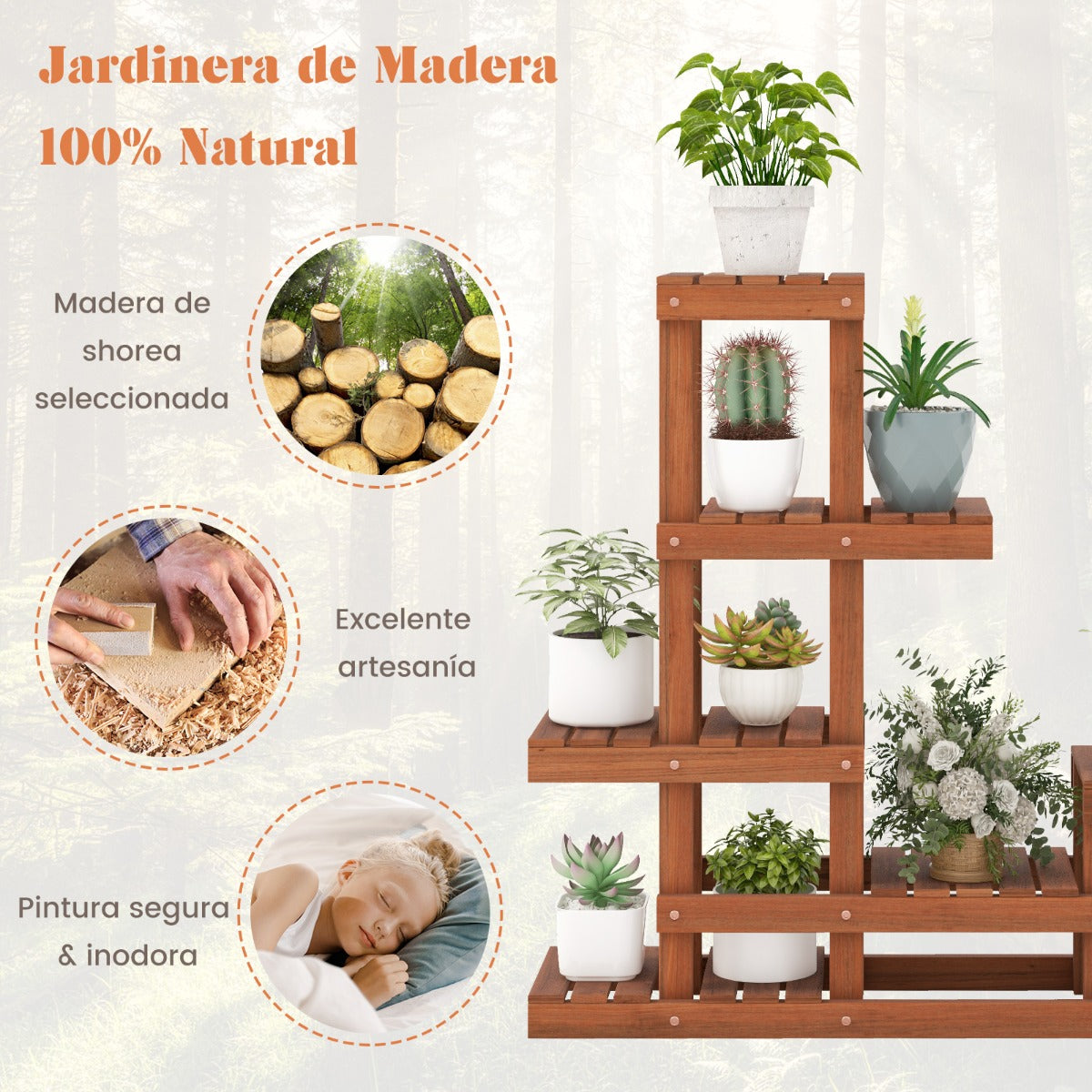 Soporte para Plantas Flores de Madera de 6 Niveles Estante Esquinero Decorativa de Escalera para Jardín Exterior Balcón 90 x 25 x 91,5 cm