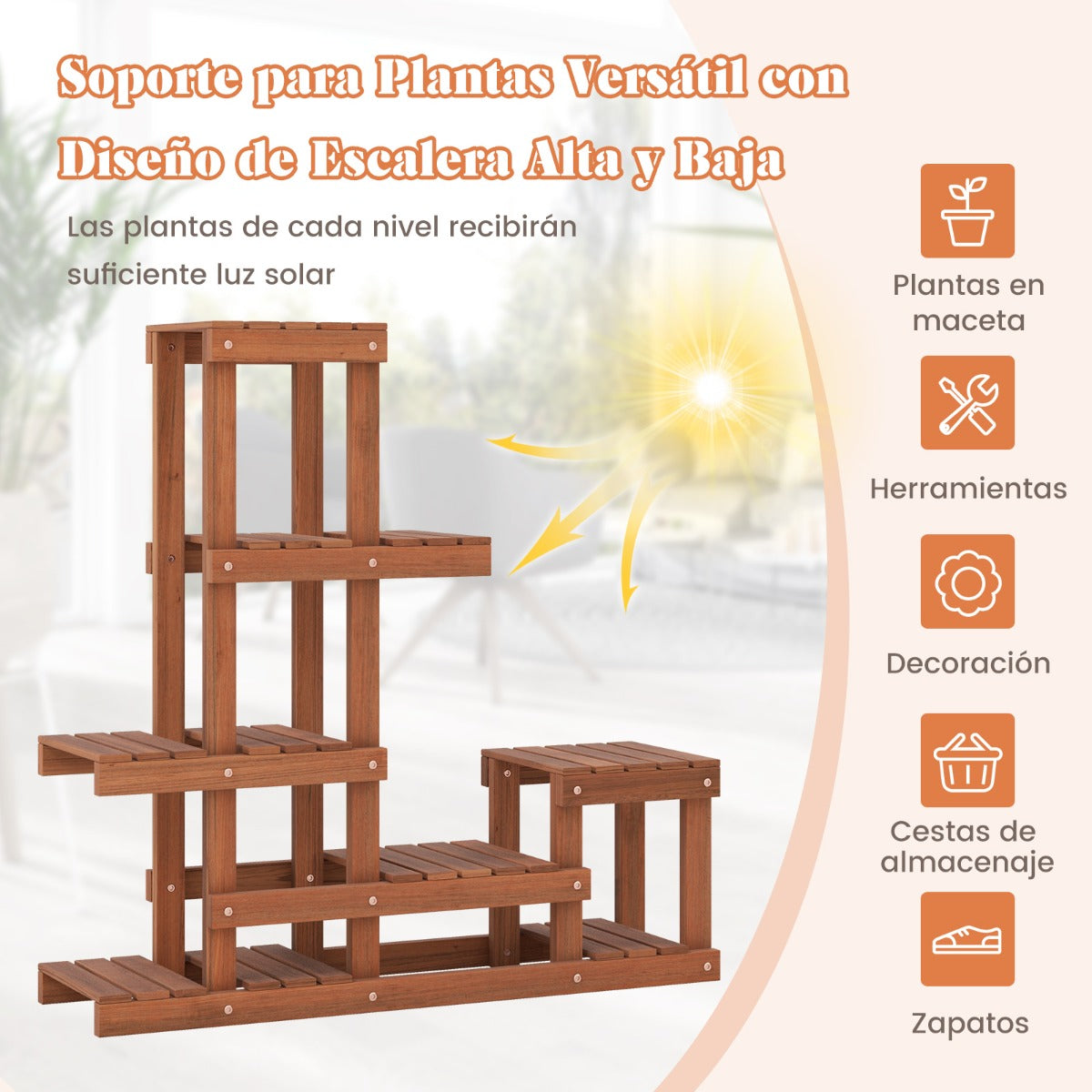 Soporte para Plantas Flores de Madera de 6 Niveles Estante Esquinero Decorativa de Escalera para Jardín Exterior Balcón 90 x 25 x 91,5 cm