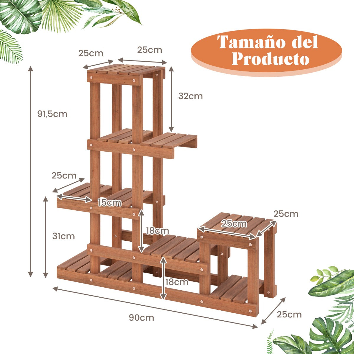 Soporte para Plantas Flores de Madera de 6 Niveles Estante Esquinero Decorativa de Escalera para Jardín Exterior Balcón 90 x 25 x 91,5 cm