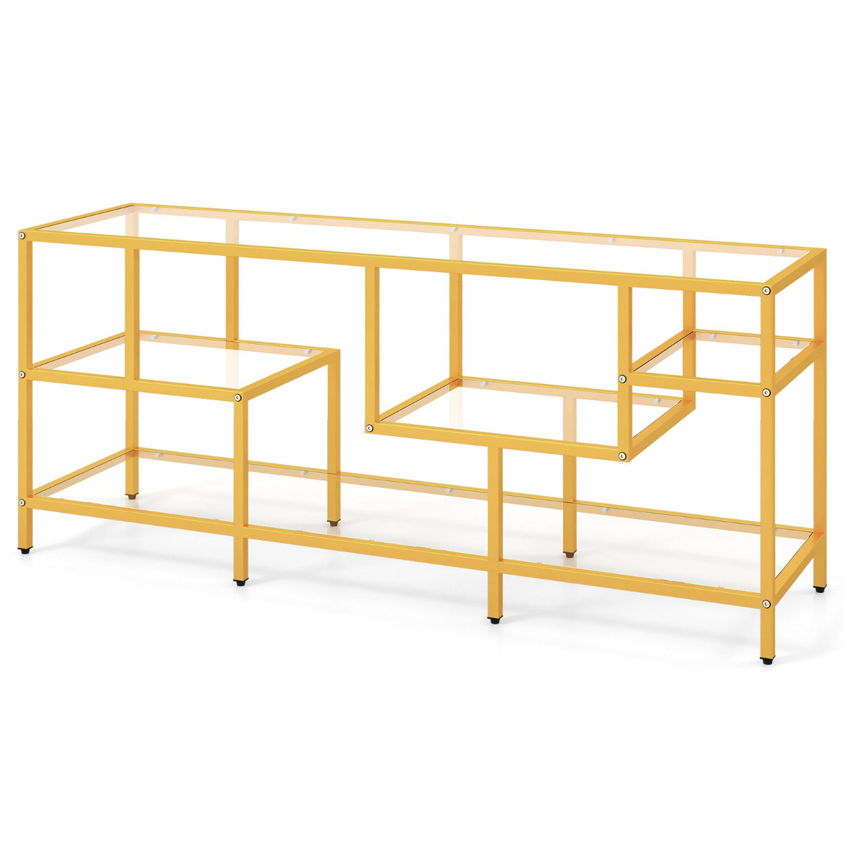 Soporte para TV hasta 65‘’ Mesa de TV Rectangular de 147 cm con Estantes de Vidrio Templado Centro de Entretenimiento para Salón Dorado