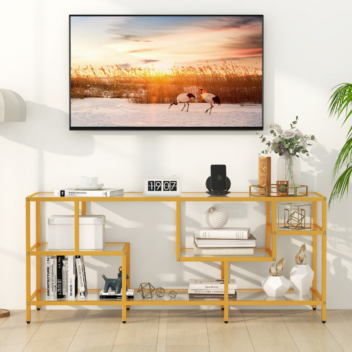 Soporte para TV hasta 65‘’ Mesa de TV Rectangular de 147 cm con Estantes de Vidrio Templado Centro de Entretenimiento para Salón Dorado