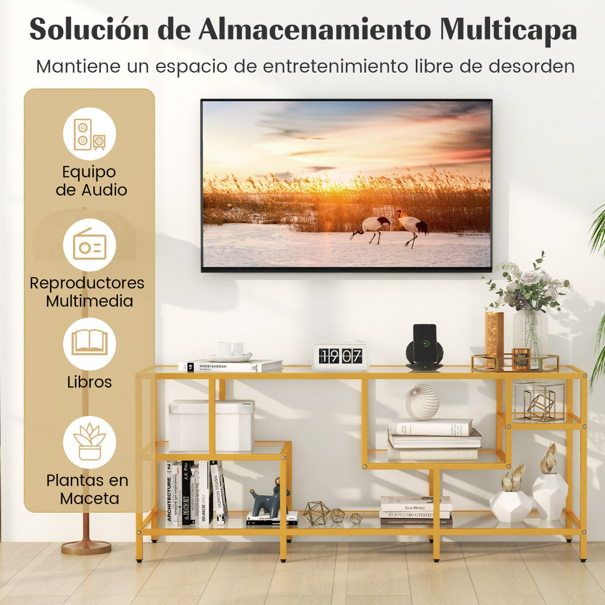 Soporte para TV hasta 65‘’ Mesa de TV Rectangular de 147 cm con Estantes de Vidrio Templado Centro de Entretenimiento para Salón Dorado