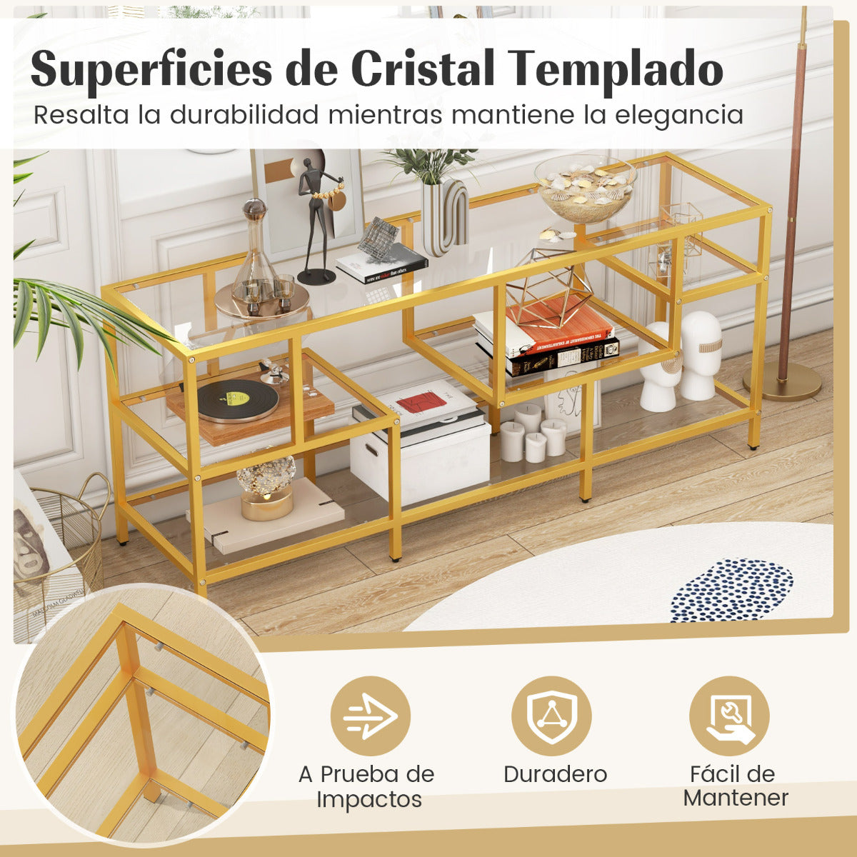 Soporte para TV hasta 65‘’ Mesa de TV Rectangular de 147 cm con Estantes de Vidrio Templado Centro de Entretenimiento para Salón Dorado