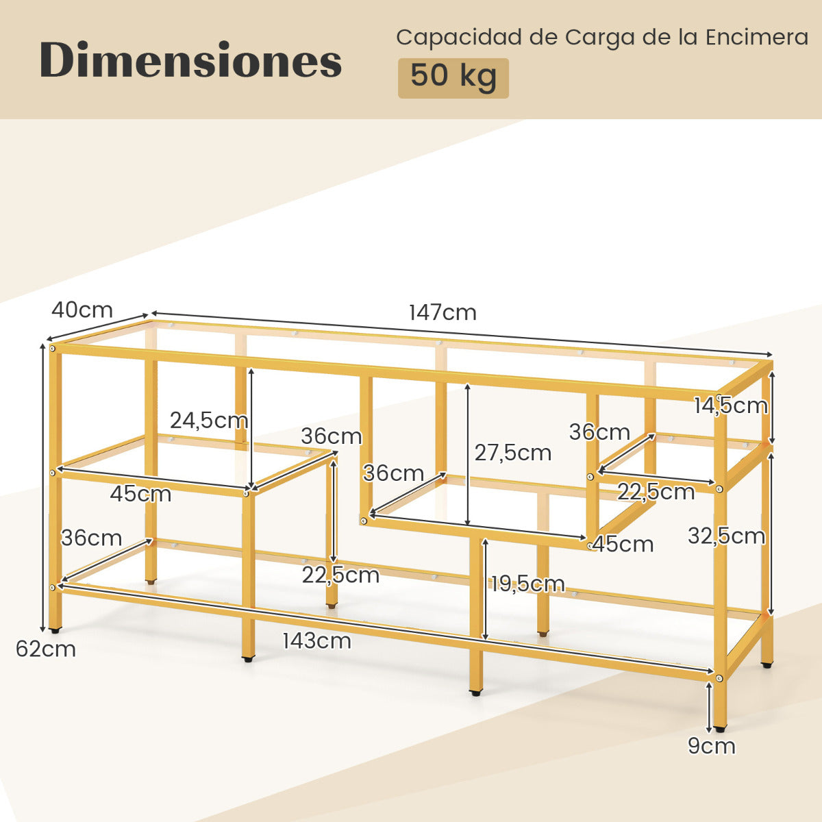Soporte para TV hasta 65‘’ Mesa de TV Rectangular de 147 cm con Estantes de Vidrio Templado Centro de Entretenimiento para Salón Dorado