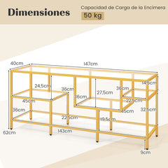 Soporte para TV hasta 65‘’ Mesa de TV Rectangular de 147 cm con Estantes de Vidrio Templado Centro de Entretenimiento para Salón Dorado