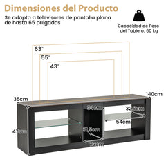 Soporte para TV con Luz LED para TV hasta 65'' Centro de Entretenimiento con Estantes de Vidrio Templado Ajustables Consola de TV Marrón