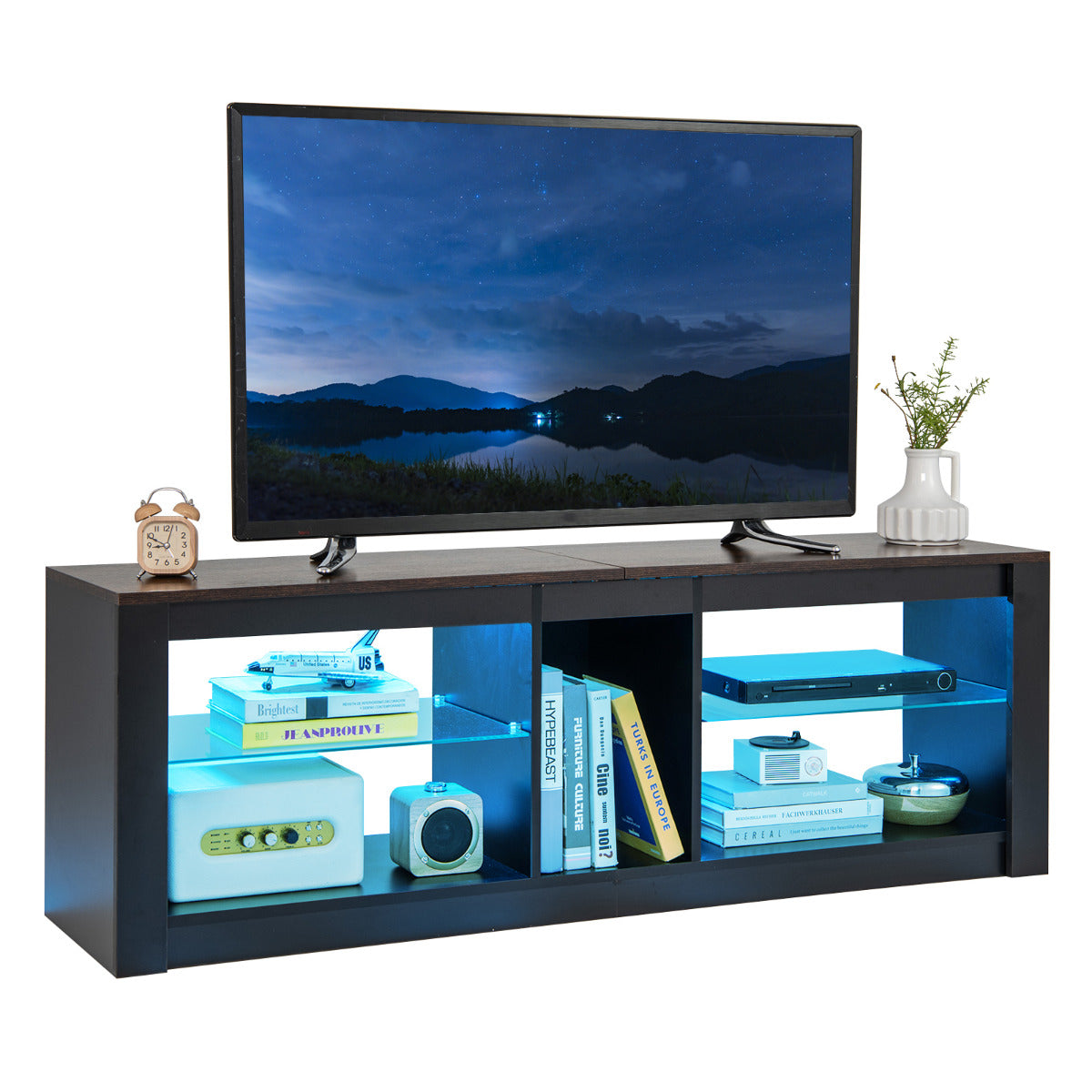 Soporte para TV con Luz LED para TV hasta 65'' Centro de Entretenimiento con Estantes de Vidrio Templado Ajustables Consola de TV Marrón