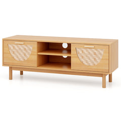 Soporte para TV de 55'' Mesa Consola con Estantes Abiertos Cajones Tejidos de Bambú Patas de Madera Maciza para Dormitorio Natural