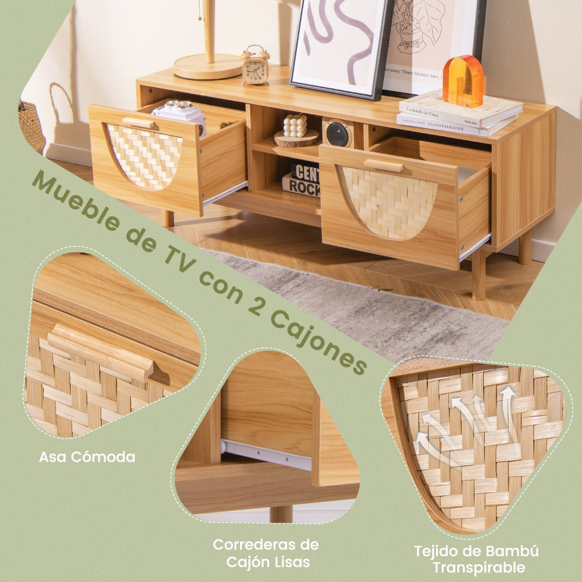 Soporte para TV de 55'' Mesa Consola con Estantes Abiertos Cajones Tejidos de Bambú Patas de Madera Maciza para Dormitorio Natural