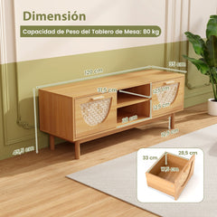 Soporte para TV de 55'' Mesa Consola con Estantes Abiertos Cajones Tejidos de Bambú Patas de Madera Maciza para Dormitorio Natural