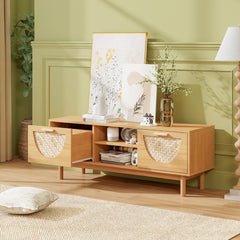 Soporte para TV de 55'' Mesa Consola con Estantes Abiertos Cajones Tejidos de Bambú Patas de Madera Maciza para Dormitorio Natural