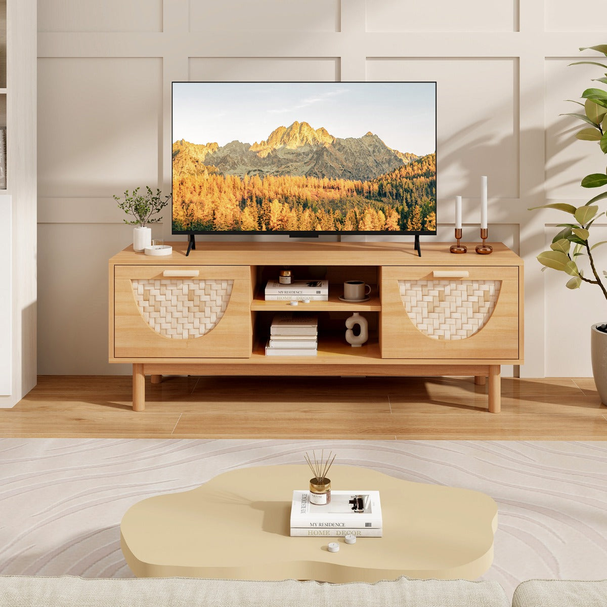 Soporte para TV de 55'' Mesa Consola con Estantes Abiertos Cajones Tejidos de Bambú Patas de Madera Maciza para Dormitorio Natural