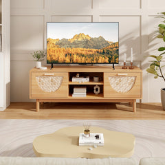 Soporte para TV de 55'' Mesa Consola con Estantes Abiertos Cajones Tejidos de Bambú Patas de Madera Maciza para Dormitorio Natural
