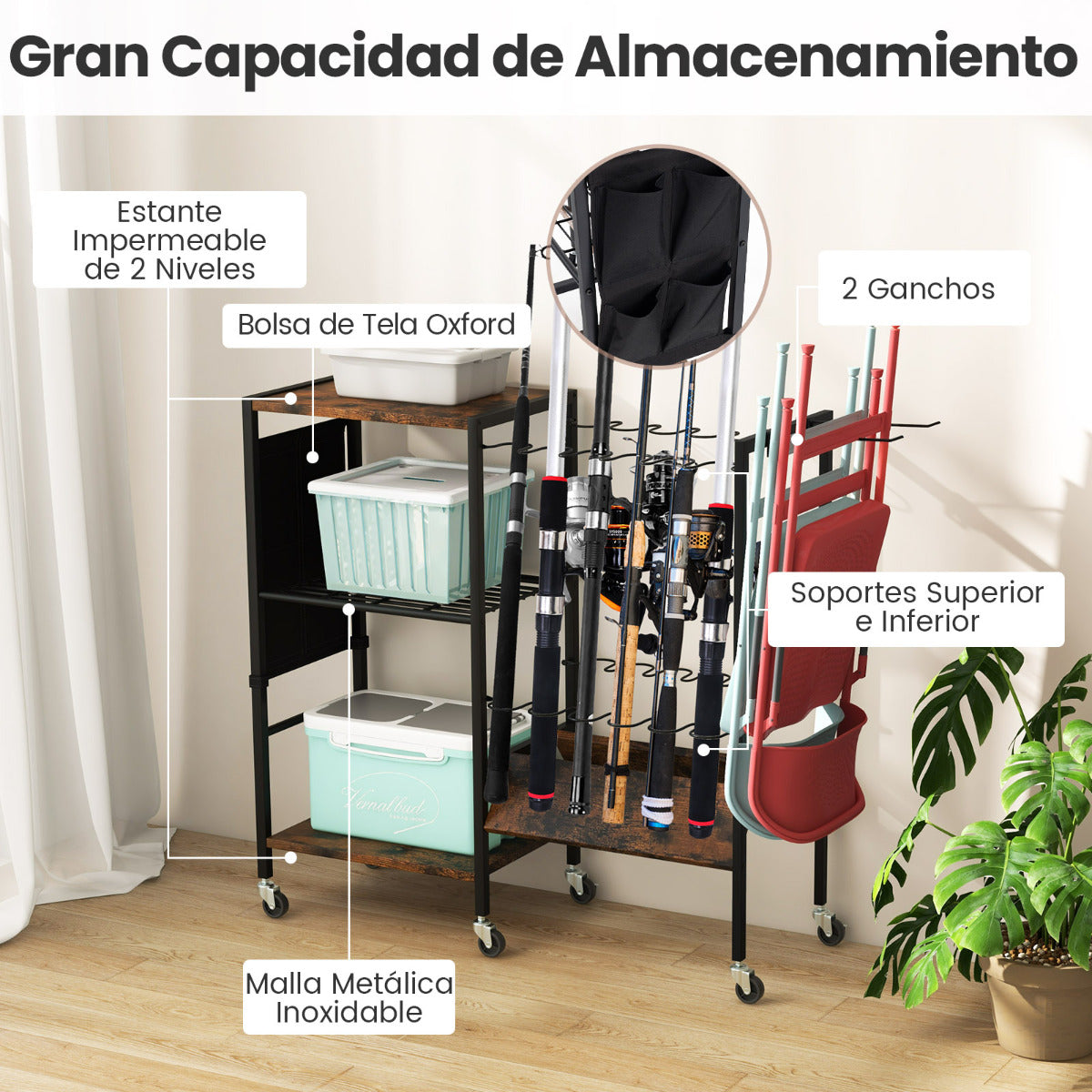 Soporte para Varas de Pescar Carro Organizador de Equipos de Pesca con Ruedas Universales Bloqueables Organizador de Equipos para Garaje