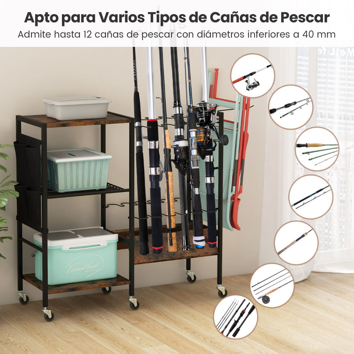 Soporte para Varas de Pescar Carro Organizador de Equipos de Pesca con Ruedas Universales Bloqueables Organizador de Equipos para Garaje