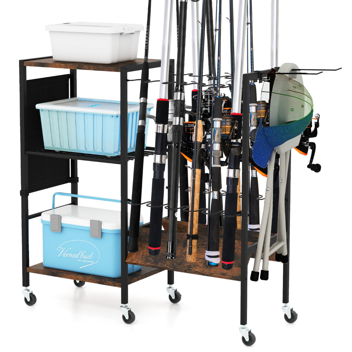 Soporte para Varas de Pescar Carro Organizador de Equipos de Pesca con Ruedas Universales Bloqueables Organizador de Equipos para Garaje
