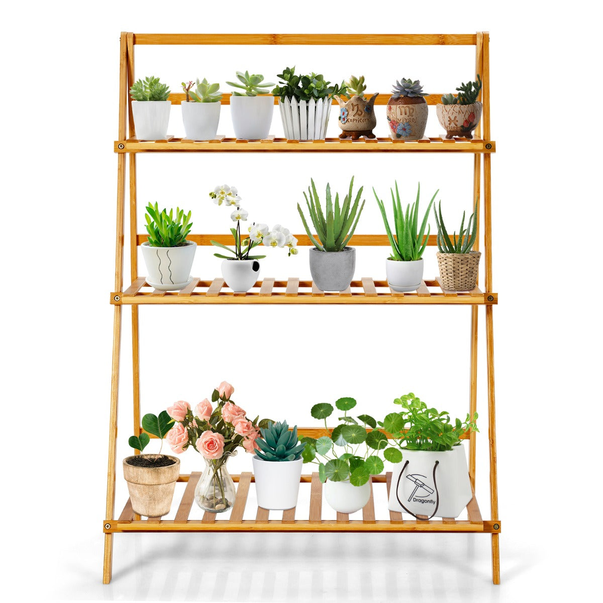 Estantes para Plantas de 3 Niveles Estantería de Bambú Decorativa para Macetas de Flores para Patio y Jardín 70 x 38 x 95,5cm Natural